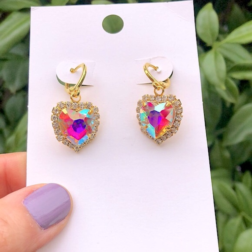 Aurora Borealis Heart Crystal Halo Drop Earrings - Picture 7 of 8